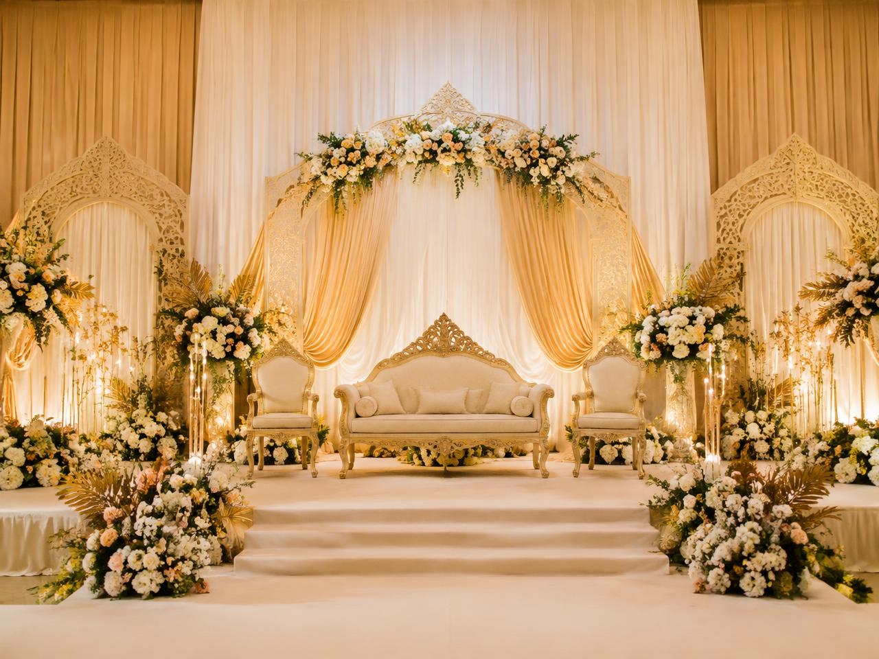 Pelamin utama dengan dekorasi cream dan emas